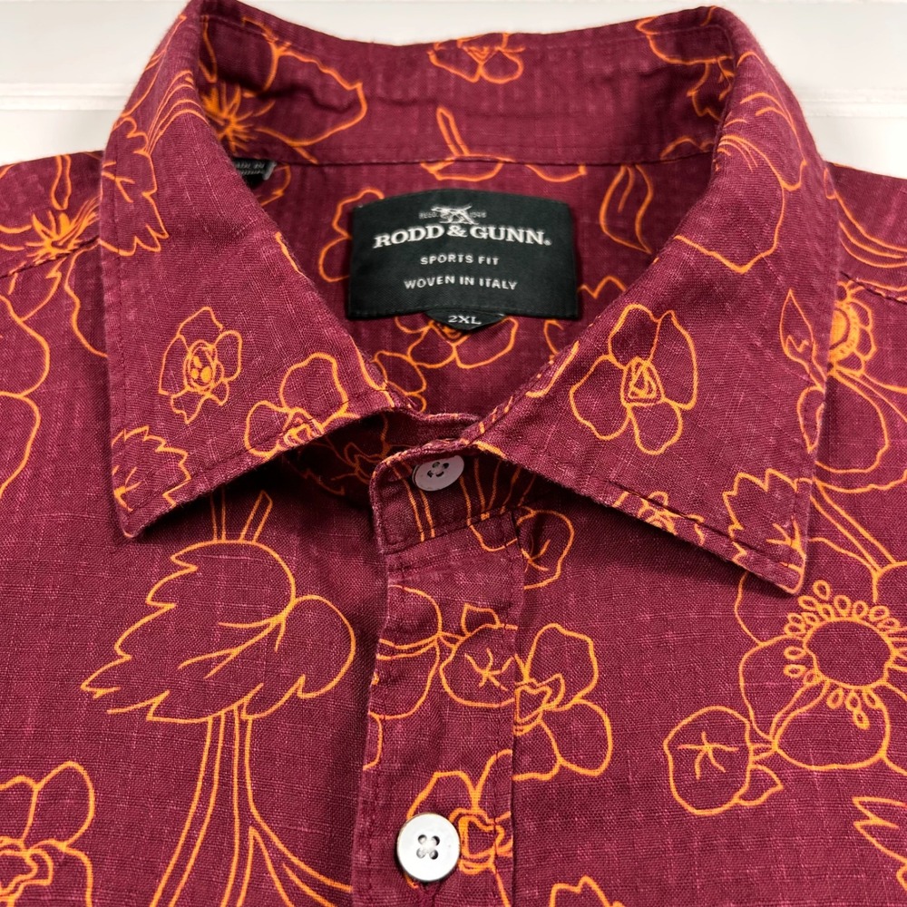 Rodd & Gunn Floral Short Sleeve Button Shirt Mens 2XL Maroon‎ Linen Cotton Italy